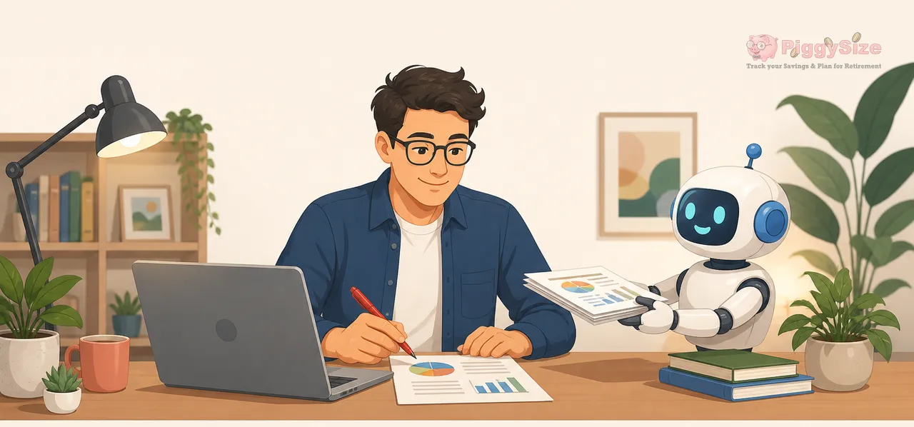 Person in blue shirt working at desk with laptop, reviewing printed charts with a pen while a small friendly robot stands beside them in a plant-filled office.