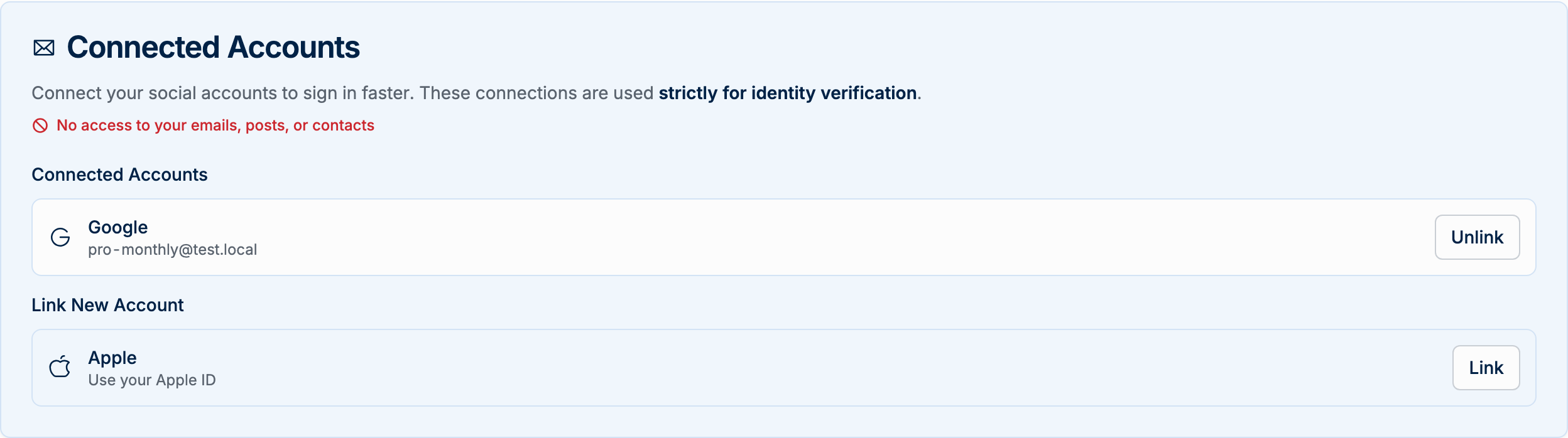 The Connected Accounts card in the Security tab of Settings showing linked sign-in accounts with Link and Unlink buttons
